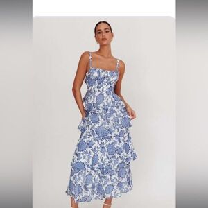 Selfie Leslie PROVENCE BLOOM TIERED MAXI DRESS FLORAL BLUE Sz. Medium